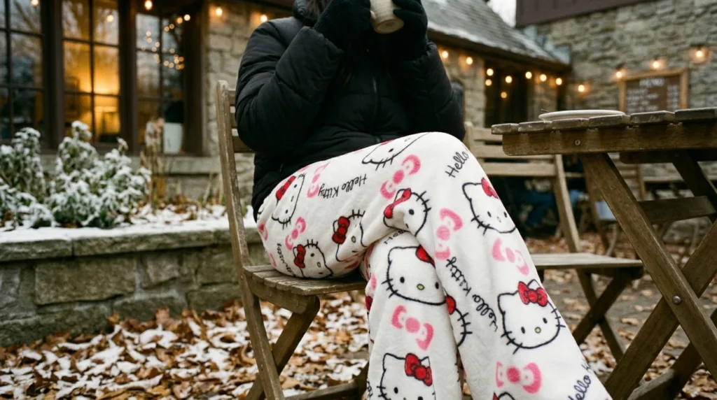 Girl outside with a new style of the white hello kitty pants while drinking coffee