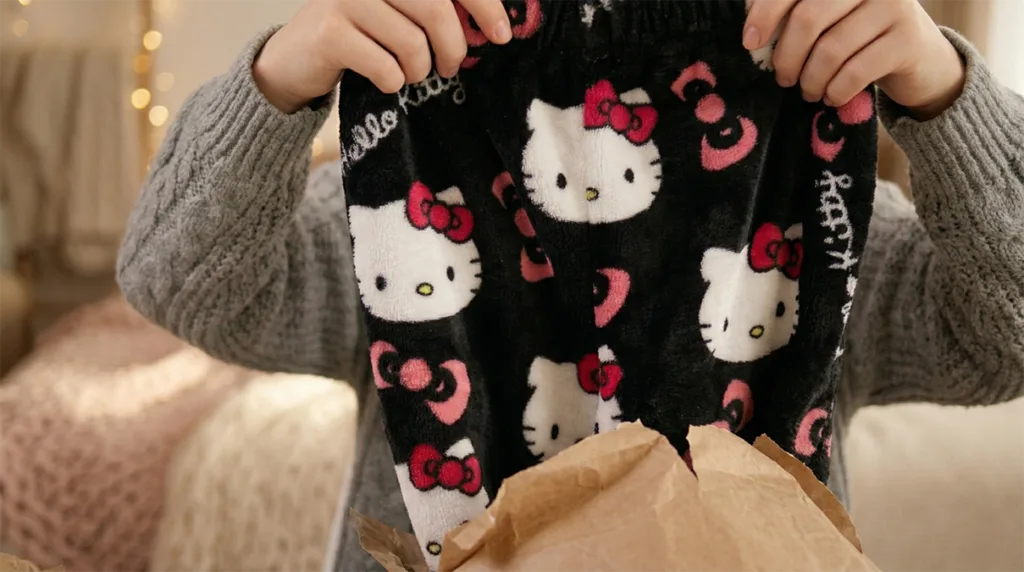 Girl unpacking her black and pink hello kitty pants