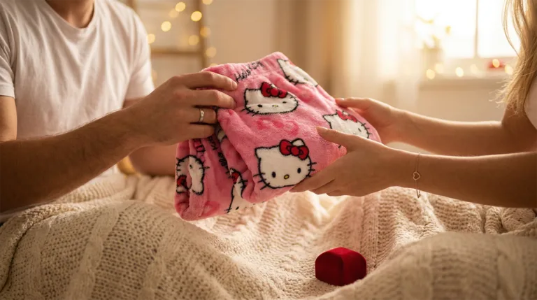A couple sitting beside each other where the boyfriend is handing his girlfriend a bubblegum color hello kitty pants