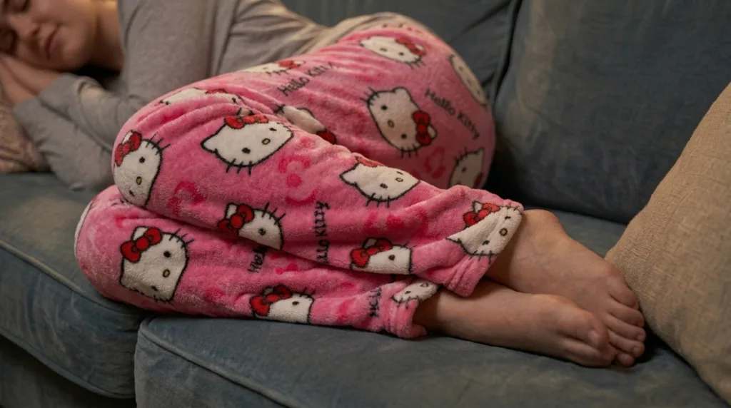 Woman asleep on the coach with her bubblegum hello kitty pants on.