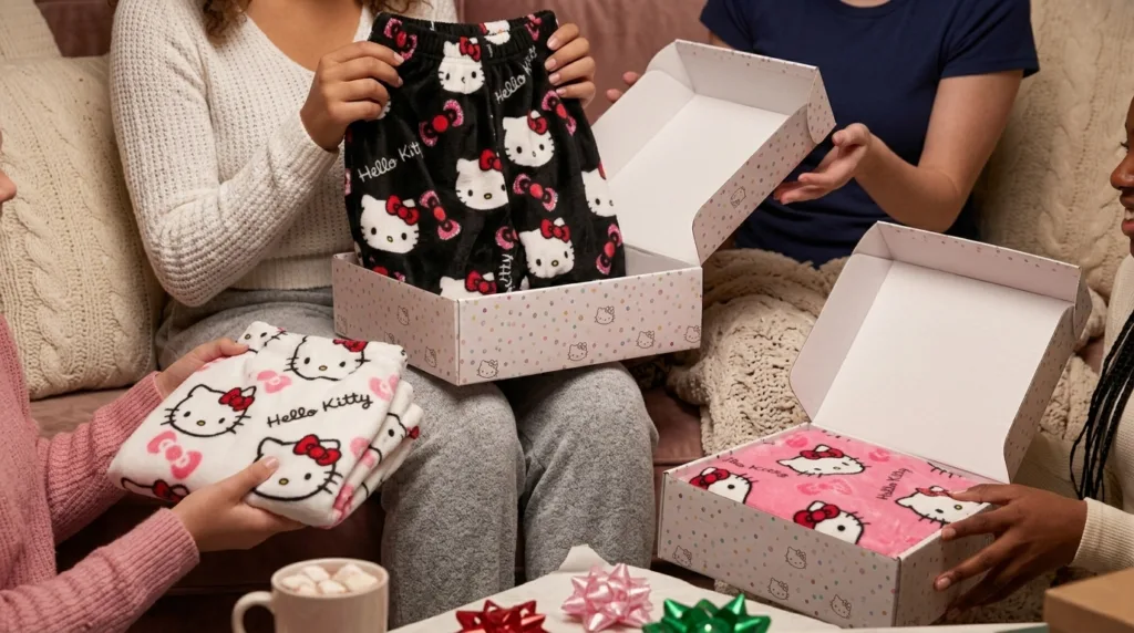 Girls giving each other various Hello Kitty Pants gifts (Pink, White and Black Colors)