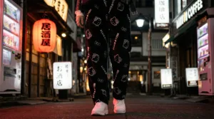 Model standing with a black hello kitty pants at night in the street of Tokyo representing streetwear