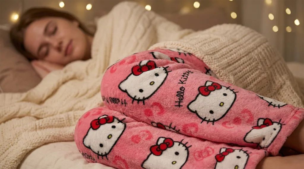 Girl sleeping in her cozy room with her pink hello kitty pants