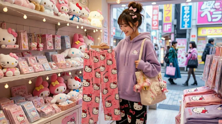 Kawaii girl in Japan shopping for Hello Kitty Pants